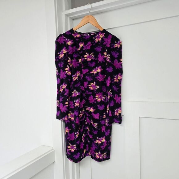 Maje Rosamar Floral Asymmetric Ruched Long Sleeve Mini Dress in Violet Fuchsia